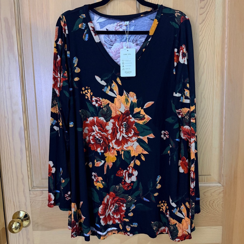Anygrew Floral Tunic Top XL Navy Blue V-Neck Long Sleeve Stretch Boho T-Shirt